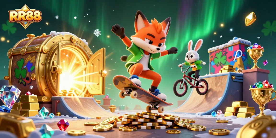 RR88 showcases a thrilling 3D cartoon fox doing a kickflip beside a BMX-riding rabbit, amidst casino treasures.