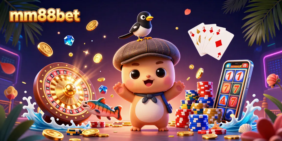 Win at mm88bet with engaging games, vibrant colors, and exciting casino elements in a dynamic illustration.
