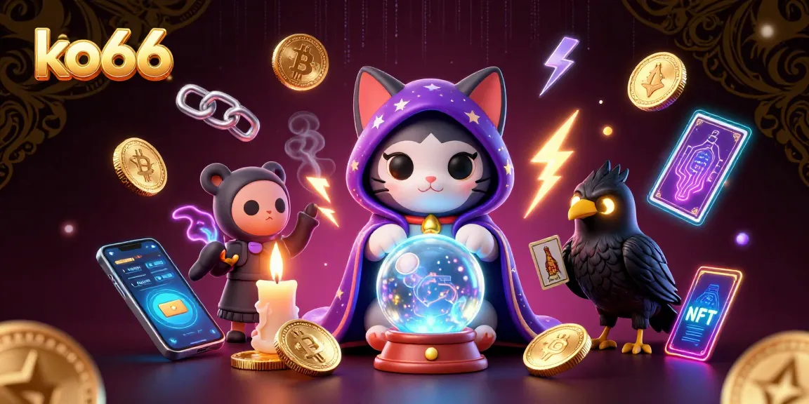 Engage in thrilling gaming at ko66, featuring a mystical cat and raven amid cryptocurrency elements.