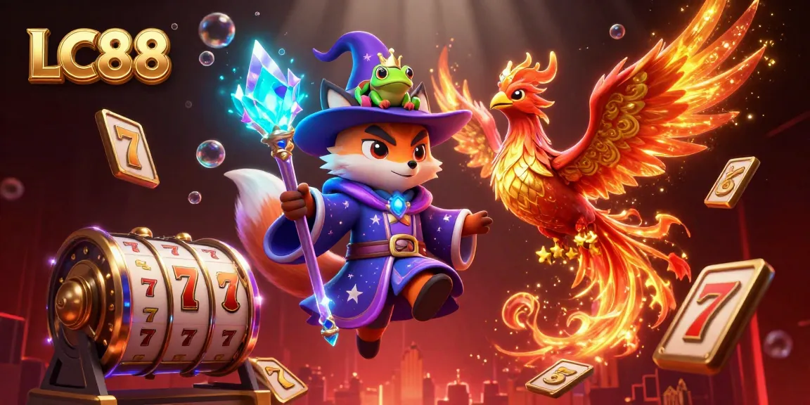 Experience the excitement of LC88's gaming world with thrilling slot reels and mystical characters.