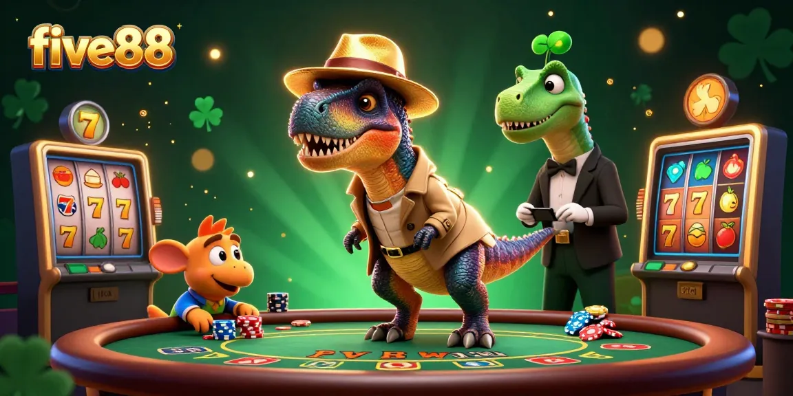 Experience the excitement of five88 casino with a vibrant 3D velociraptor at the blackjack table.