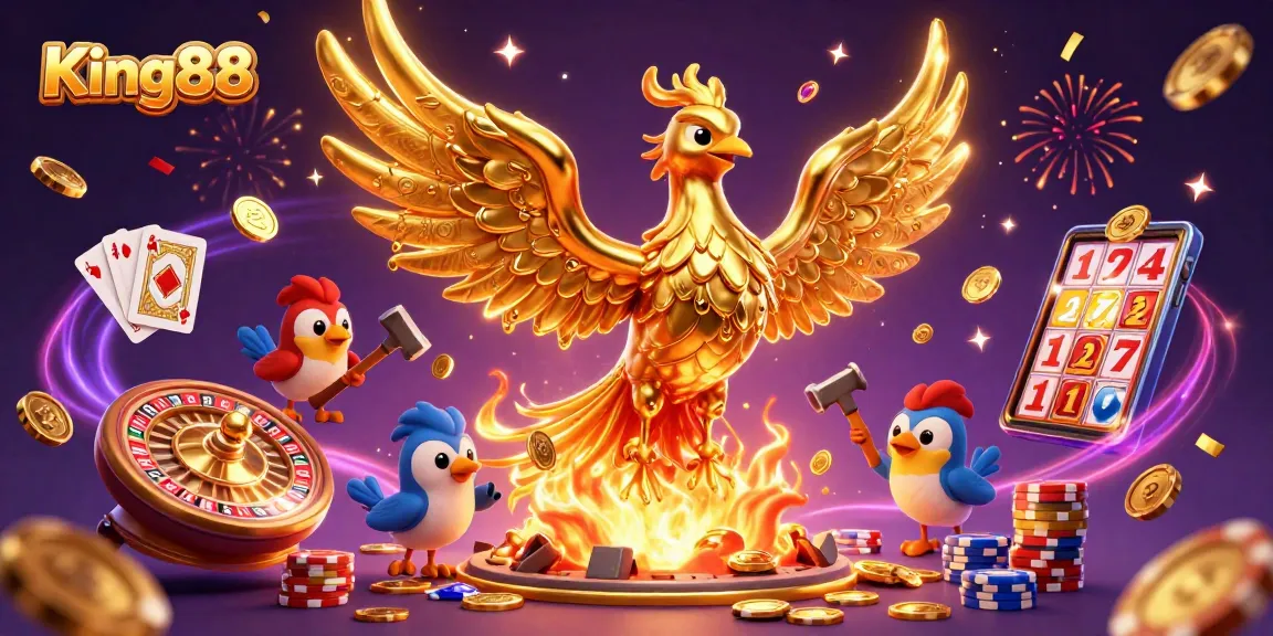 Experience the excitement of King88 with a vibrant 3D casino scene featuring a molten phoenix and dazzling game elements.