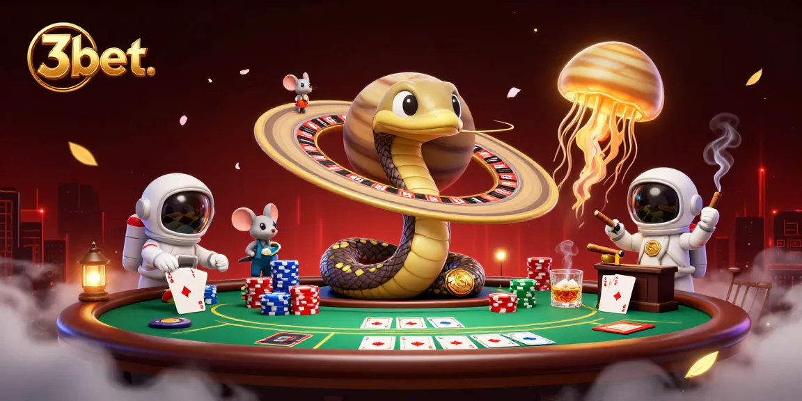 Betting on the cosmic roulette wheel of 3bet. with a 3D snake and astronaut mice in a vibrant casino scene.