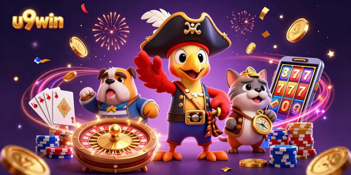 Join the action with u9win as our pirate captain navigates through cascading coins and roulette wheels.