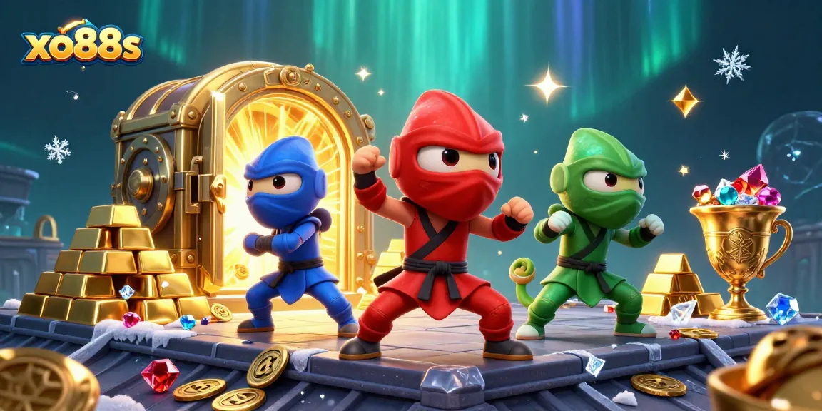Experience the excitement of xo88s with a dynamic 3D illustration featuring ninja chameleons in action.