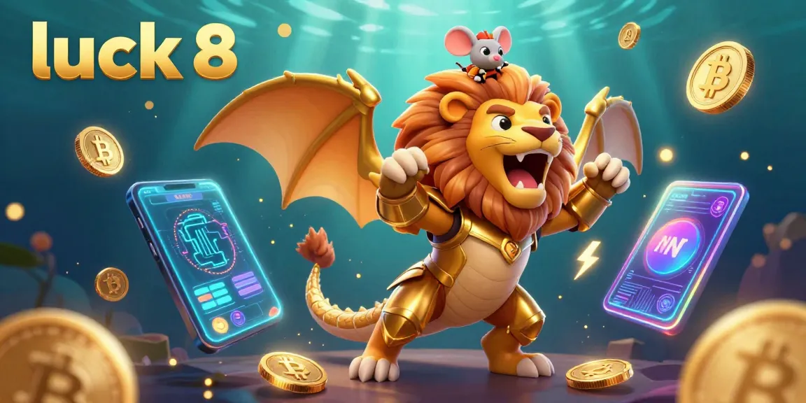 Engage with luck 8 through energetic gameplay featuring a golden chimera and vibrant crypto elements.