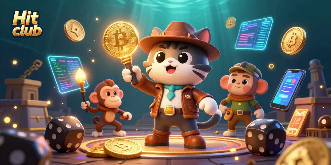 Engaging scene from Hit club showcasing a cat explorer and monkey companion amidst golden casino artifacts.