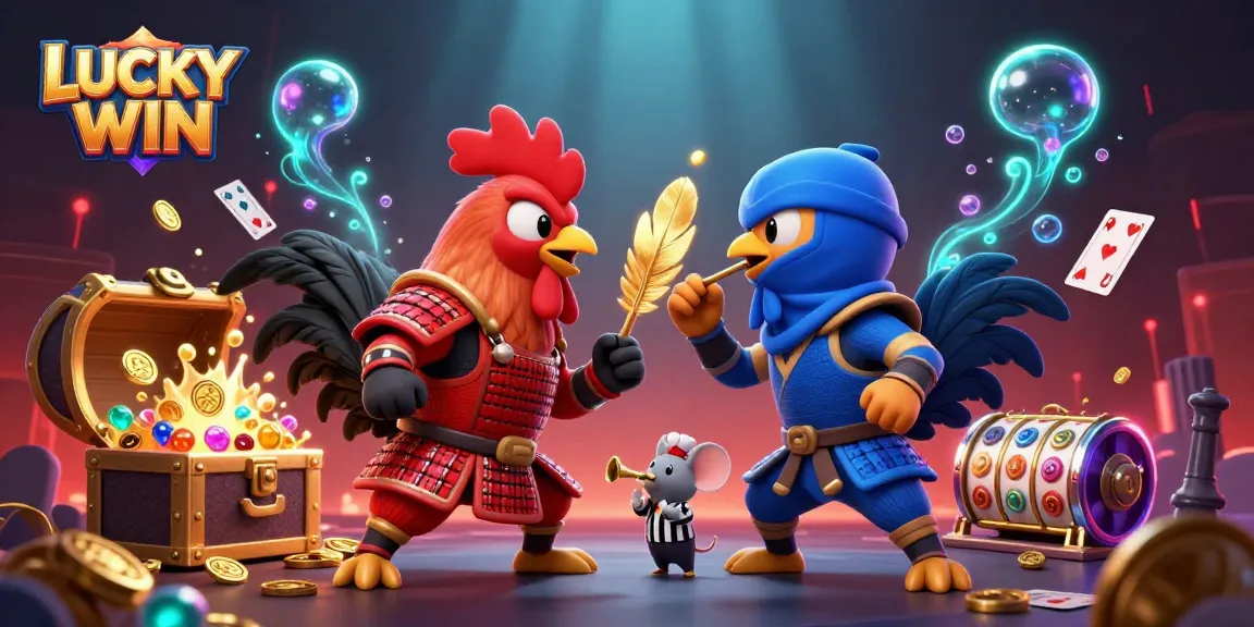 LUCKY WIN features dynamic 3D roosters battling in a vibrant casino scene with gold coins and floating slot reels.