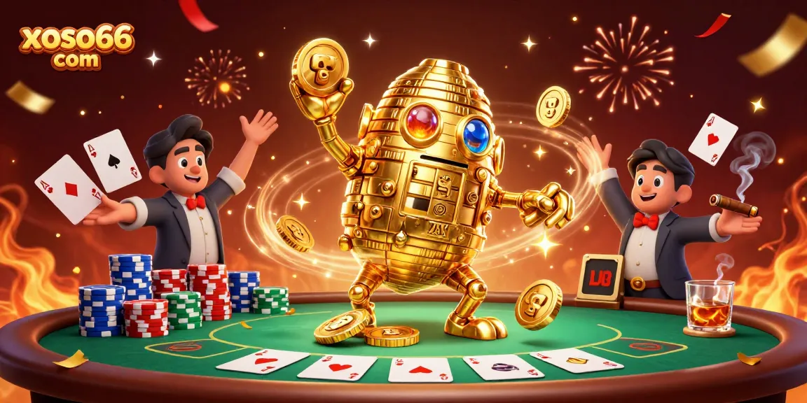 Experience winning strategies on xoso66 com with a vibrant 3D casino scene featuring a golden golem and poker elements.