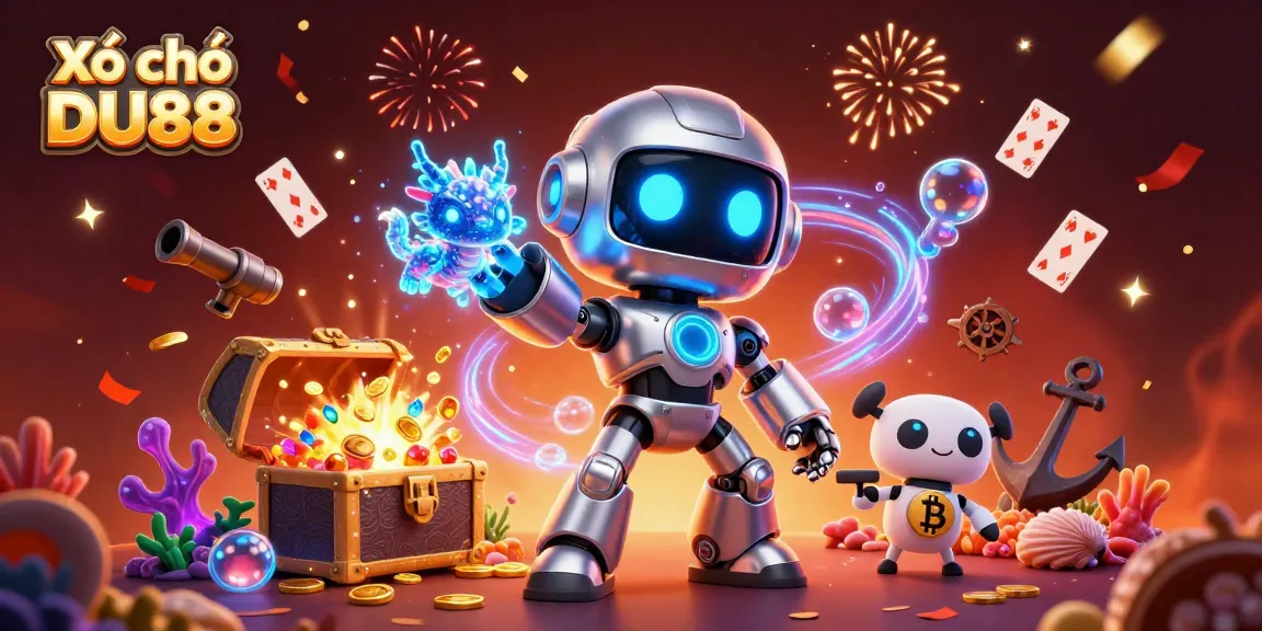 Xổ số DU88 gaming action with a vibrant 3D robot mascot and bitcoin drone in a treasure-filled casino environment