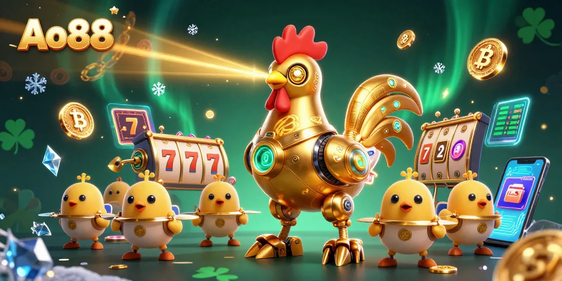 Engage with Ao88’s vibrant casino energy, showcasing a futuristic golden rooster robot during an exciting jackpot spin.