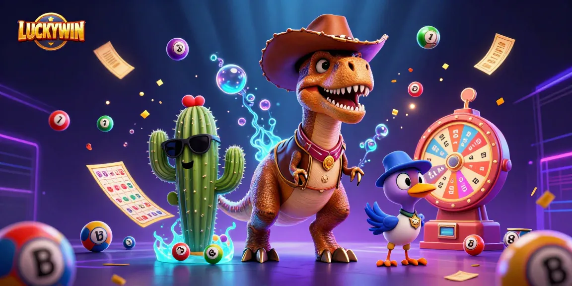 LUCKYWIN brings excitement with a dynamic scene of a T-Rex and friends surrounded by colorful lottery game elements.