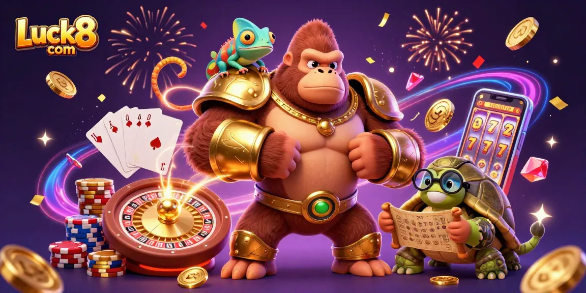 Experience winning fun at Luck8 com with a dynamic illustration of casino royalty and exciting game elements.