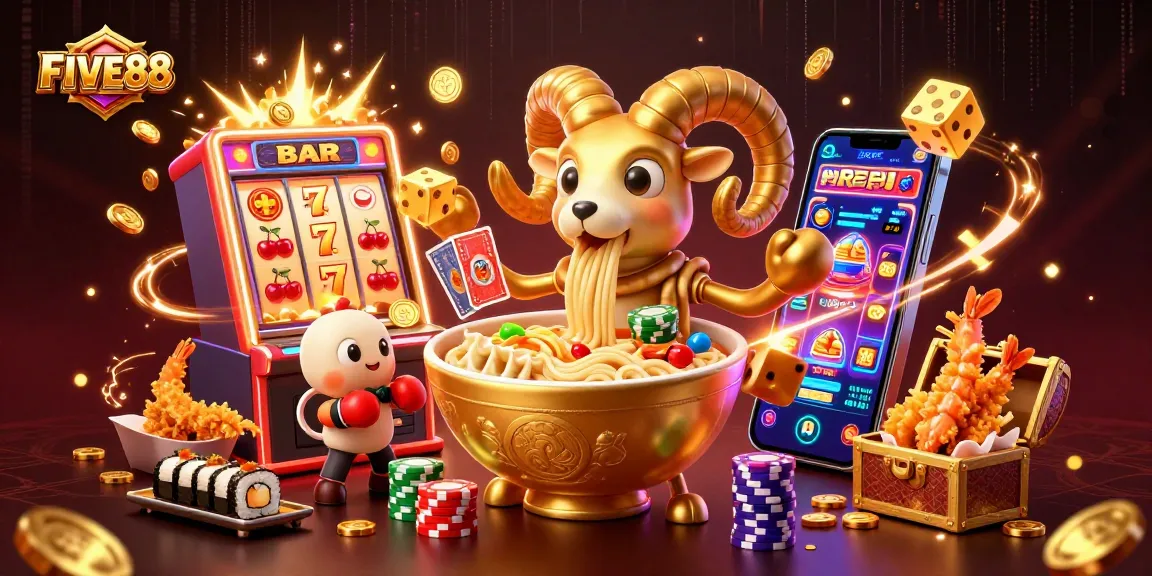 Experience thrilling slots and games with FIVE88's vibrant 3D casino illustration featuring lively characters.