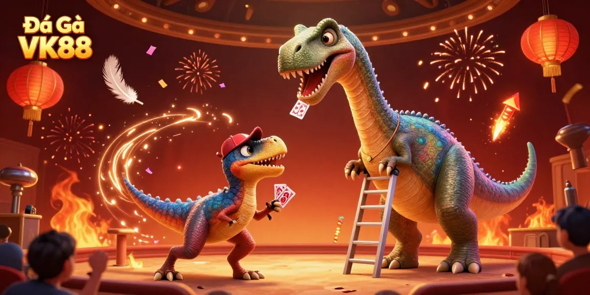 Engage in Đá Gà VK88 with this animated depiction of a clever raptor dealing cards to a towering brontosaurus in an exciting gambling arena.