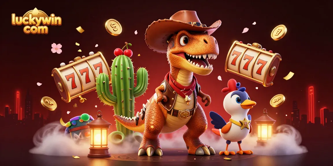Experience thrilling wins with luckywin com as a cowboy dinosaur spins the slots amidst festive decorations.