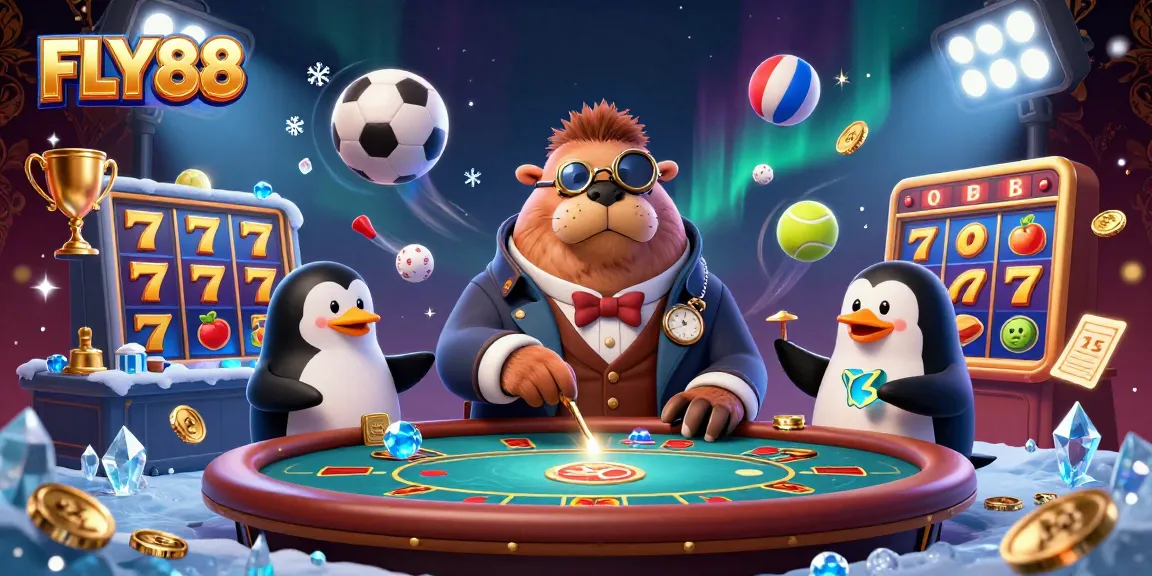 FLY88's jolly walrus playing poker underwater with a penguin dealer and a bluffing pufferfish amidst sports and casino elements.