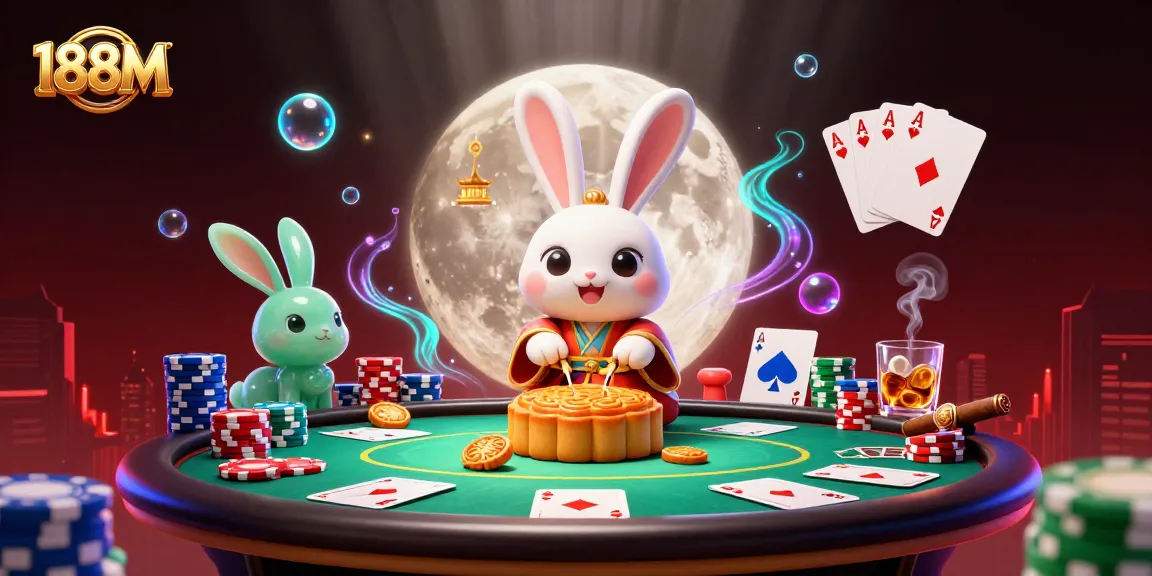Engage with exciting games at 188M, where a 3D moon rabbit reveals poker chips inside mooncakes on the lunar surface.