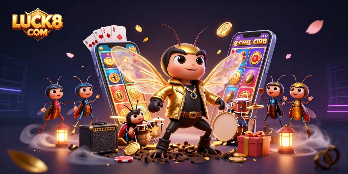 Engage in thrilling gameplay at LUCK8 COM with a vibrant 3D casino illustration featuring exciting characters.