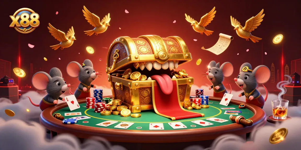 Engage in thrilling poker at x88, featuring a golden treasure chest and vibrant casino elements.