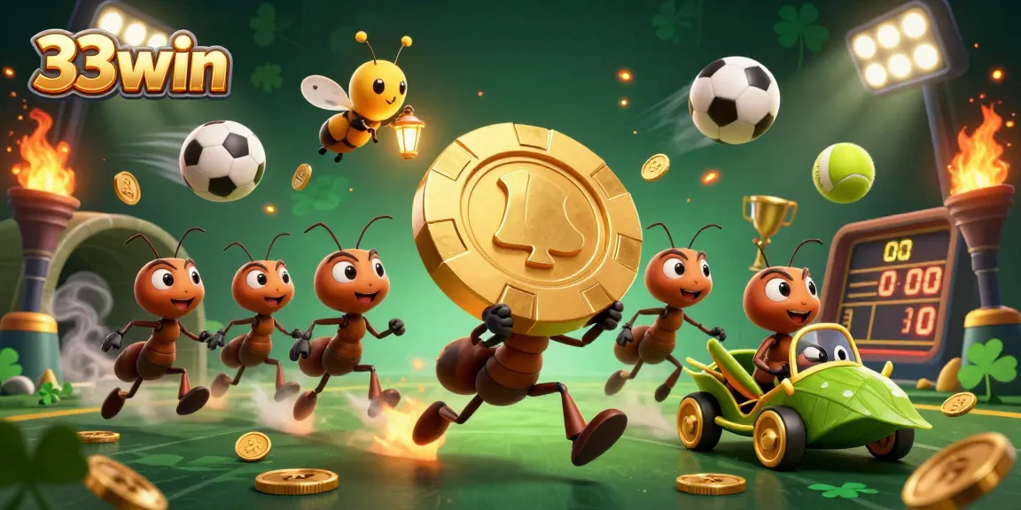 33win ants executing a thrilling heist with a giant poker chip amidst dynamic sports elements