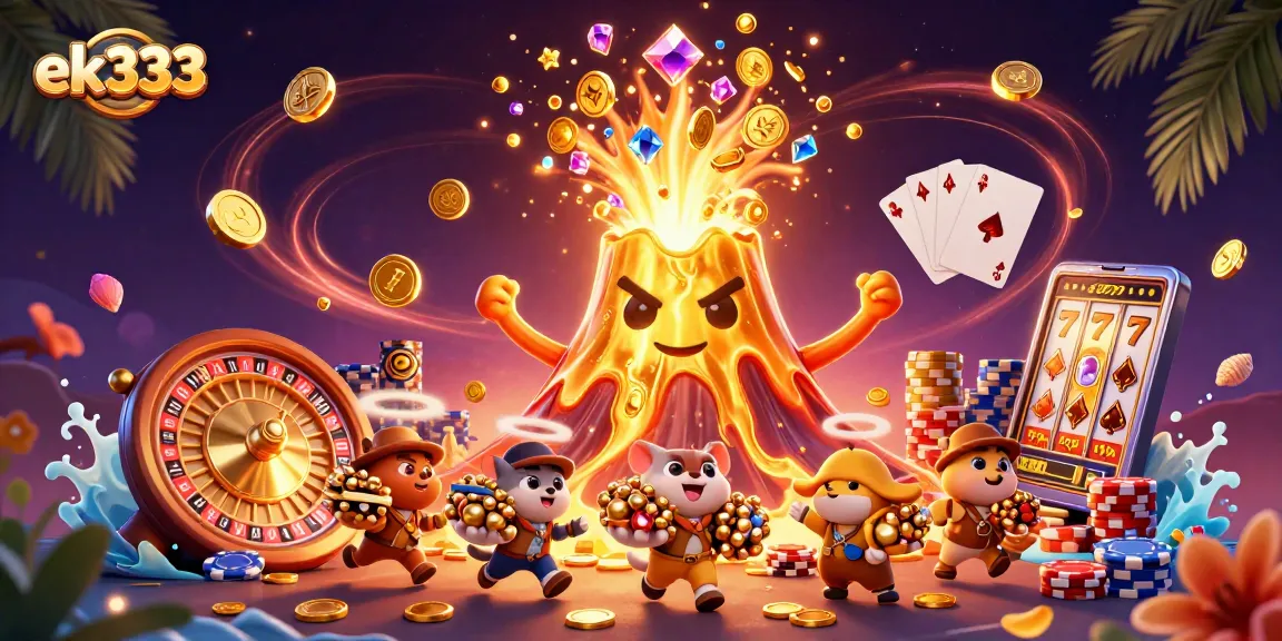 Experience thrilling gaming adventures with EK333's vibrant 3D casino scene featuring a golden volcano and treasure.