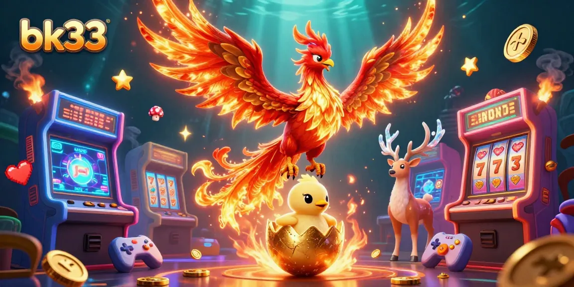 Experience excitement and chance at bk33 with a vibrant casino gaming illustration featuring a phoenix, arcade elements, and slot games.